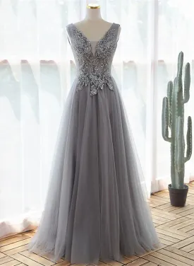 A-line Grey Tulle V-neckline Long Party Dress with Lace, Grey Bridesmaid Dress