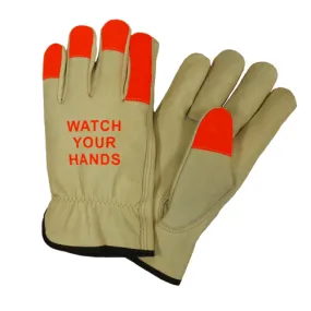 990kot, PIP Regular Grade Top Grain Cowhide Leather Drivers Glove with Hi-Vis Fingertips and "WATCH YOUR HANDS" Logo - Keystone Thumb, 12 Pair