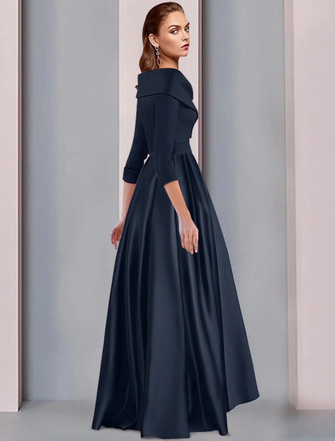 A-Line Mother of the Bride Dress Elegant High Low Sweet Spaghetti Strap Asymmetrical Tea Length Satin 3/4 Length Sleeve with Pleats