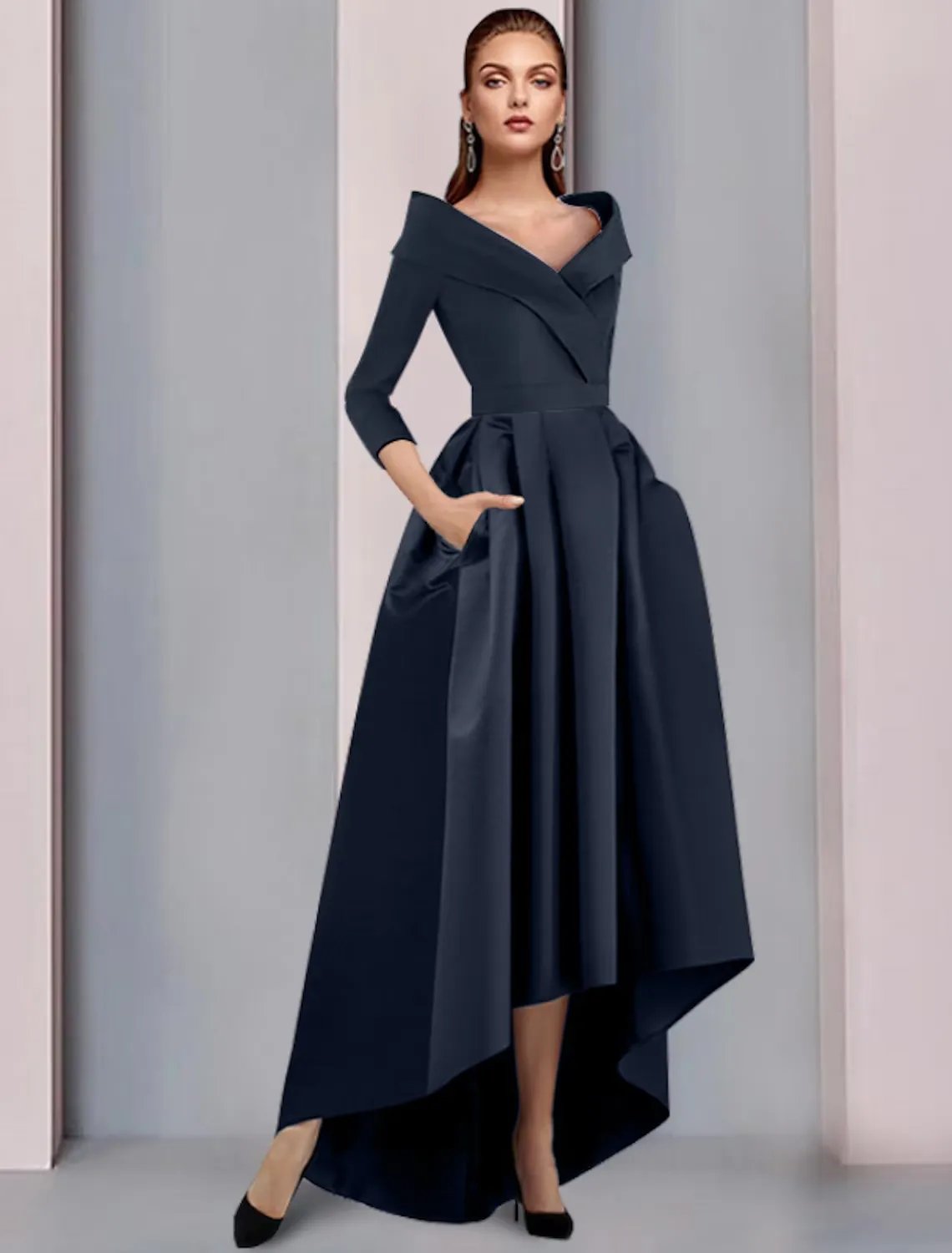 A-Line Mother of the Bride Dress Elegant High Low Sweet  Strap Asymmetrical Satin Sleeve with Pleats