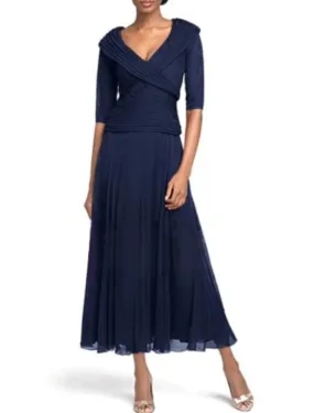 A-Line Mother of the Bride Dress Plus Size Plunging Neck Ankle Length Chiffon Half Sleeve with Ruching