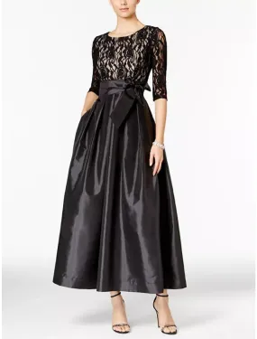 A-Line Mother of the Bride Dress Wedding Guest Elegant Scoop Neck Ankle Length Satin Lace Half Sleeve with Bow(s) Ruching