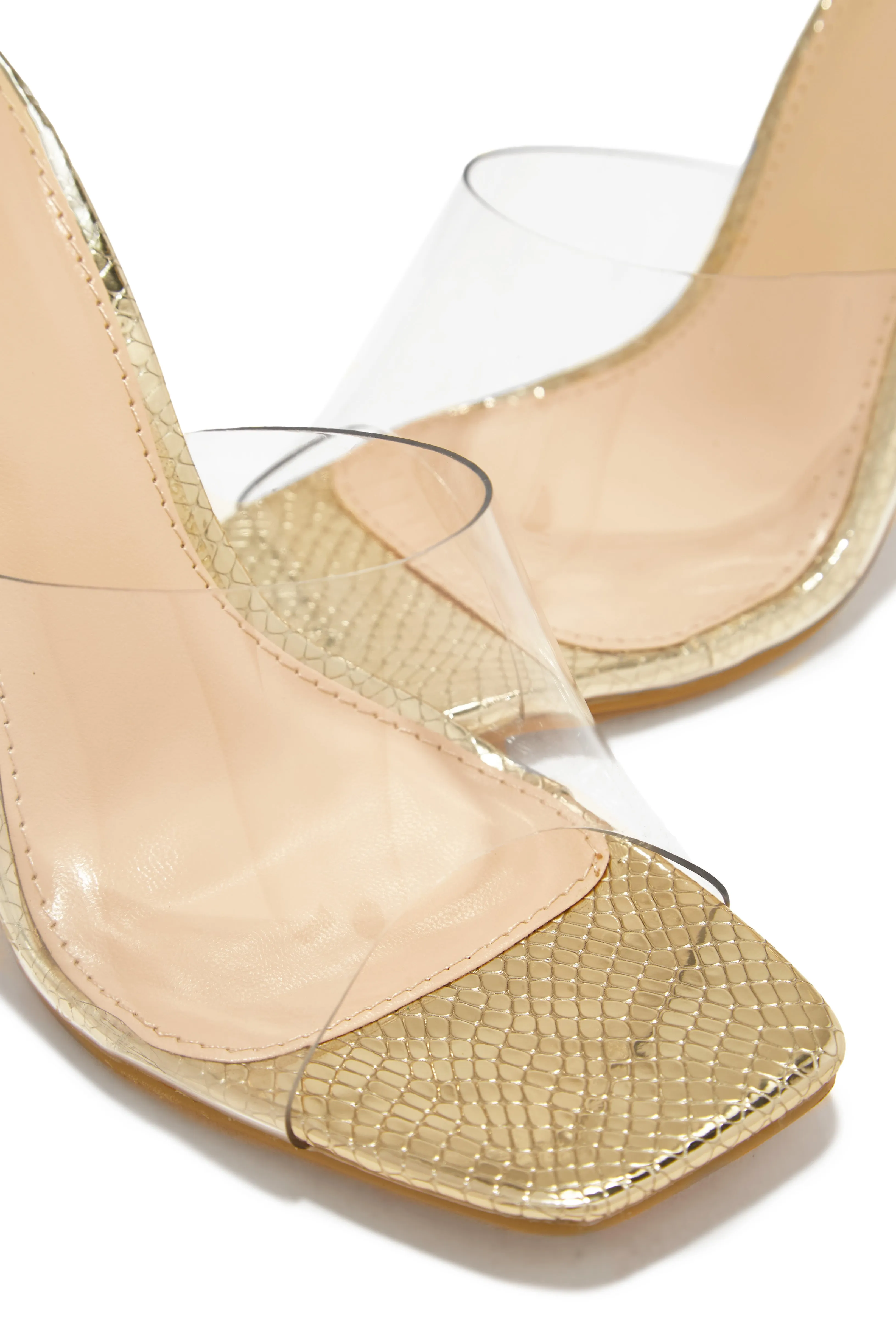 Amerie Clear High Heel Mules - Gold