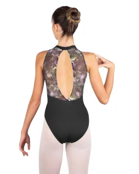 Ballet Rosa Cartier High Neck Front Seamed Open Floral Print Mesh Back Sleeveless Leotard - Women - Aquarelle Print