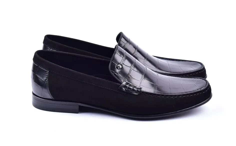 Corrente Crocodile Embossed Calfskin & Suede Loafer Black