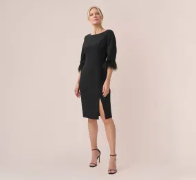 Crepe Sheath Dress With V-Back And Feather-Trim Sleeves In Black