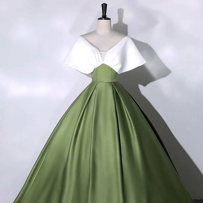 Green and White Satin Long Party Dress, Ball Gown Long Formal Dress