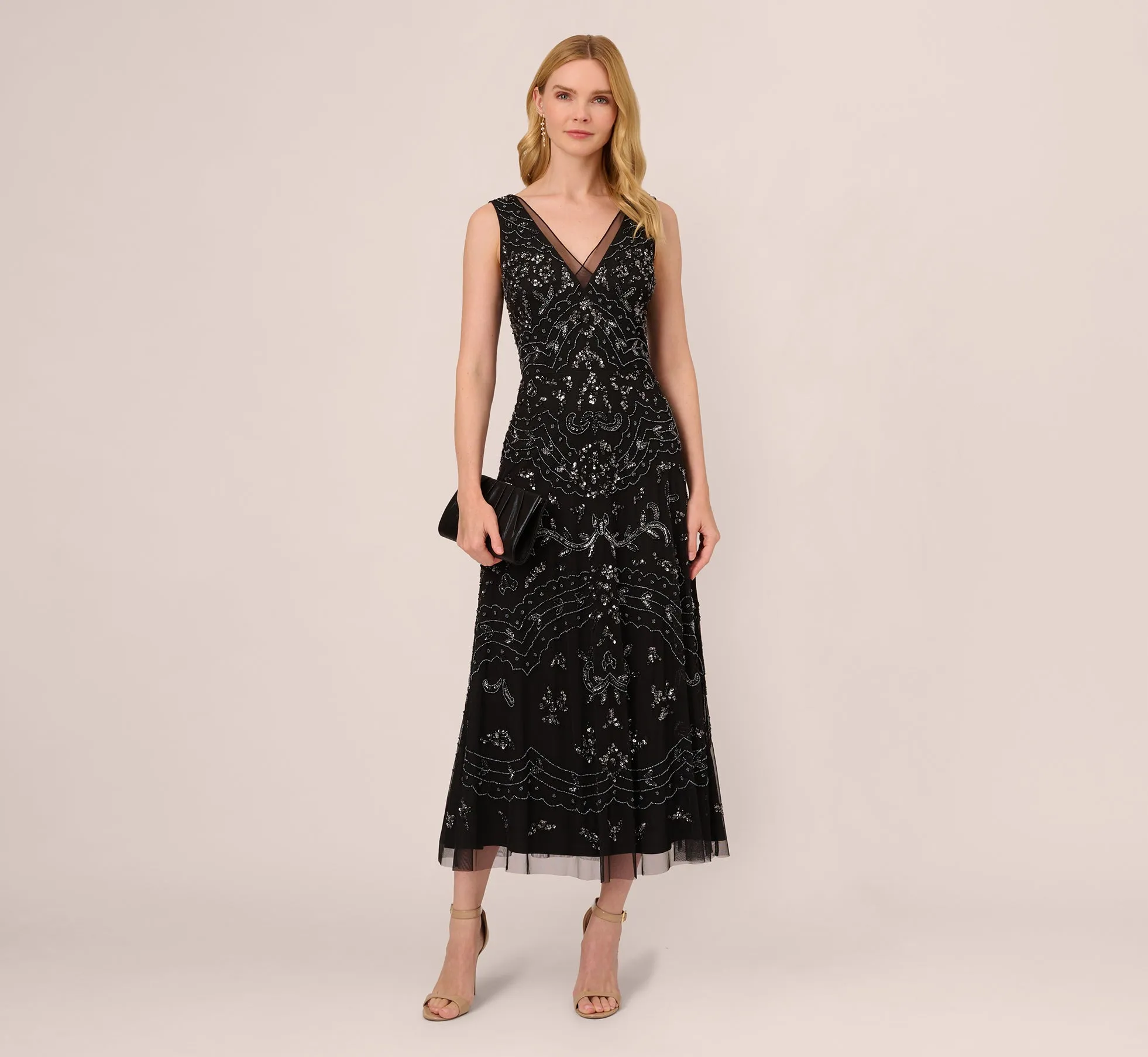 Hand-Beaded Ankle-Length Dress In Black Gunmetal