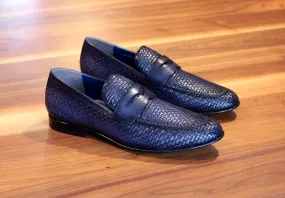 Jean Pierre Woven Calfskin Penny Loafer Navy