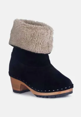 JUGLANS Fur Collared Ankle Clog Boots in Black