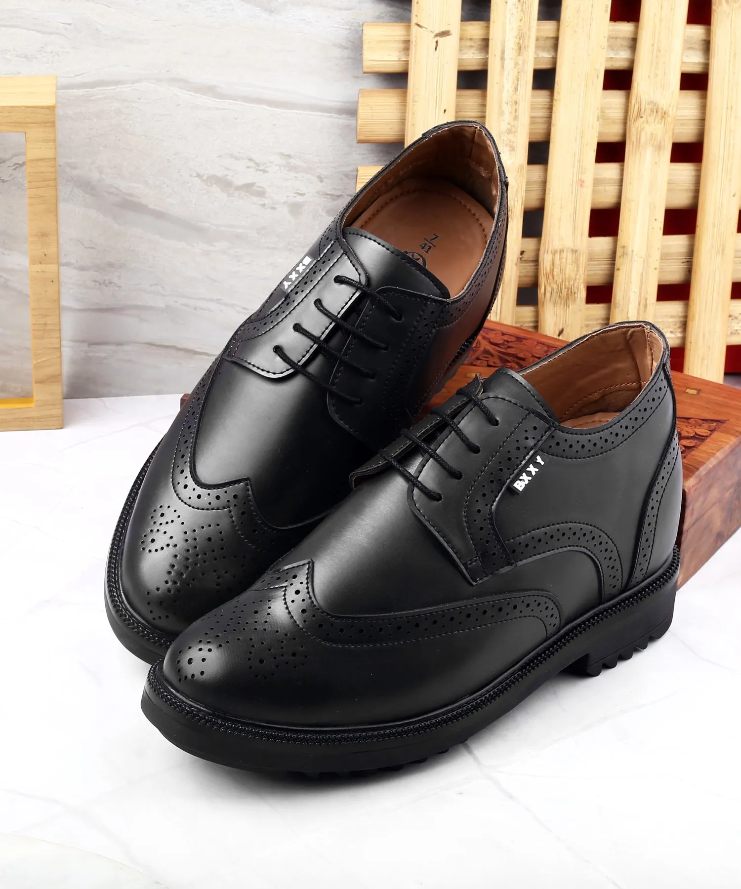 Men's 3.5 inch Hidden Height Increasing Faux Leather Brogue Lace-up Shoes