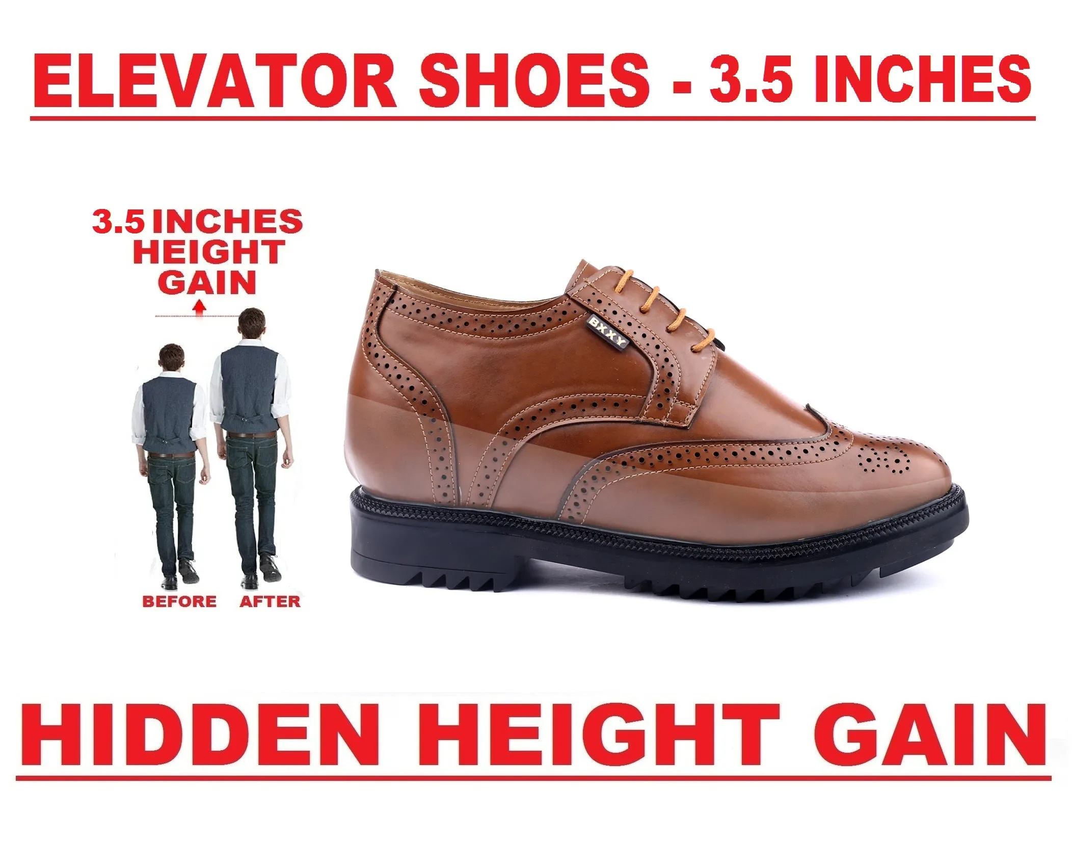 Men's 3.5 inch Hidden Height Increasing Faux Leather Brogue Lace-up Shoes