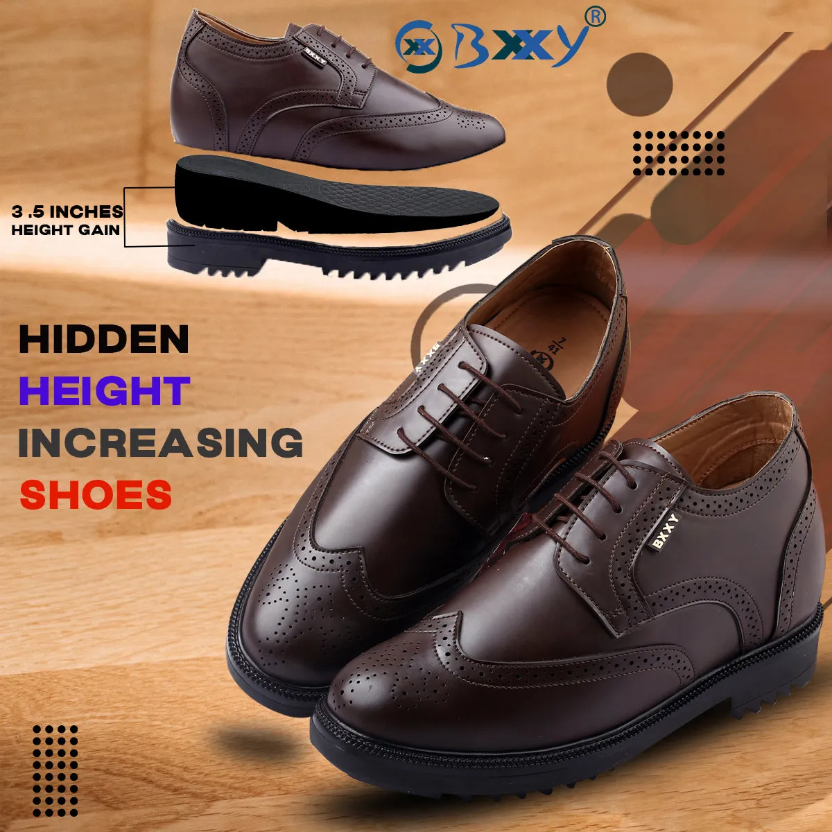 Men's 3.5 Inch Hidden Height Increasing Vegan Leather Brogue Shoes