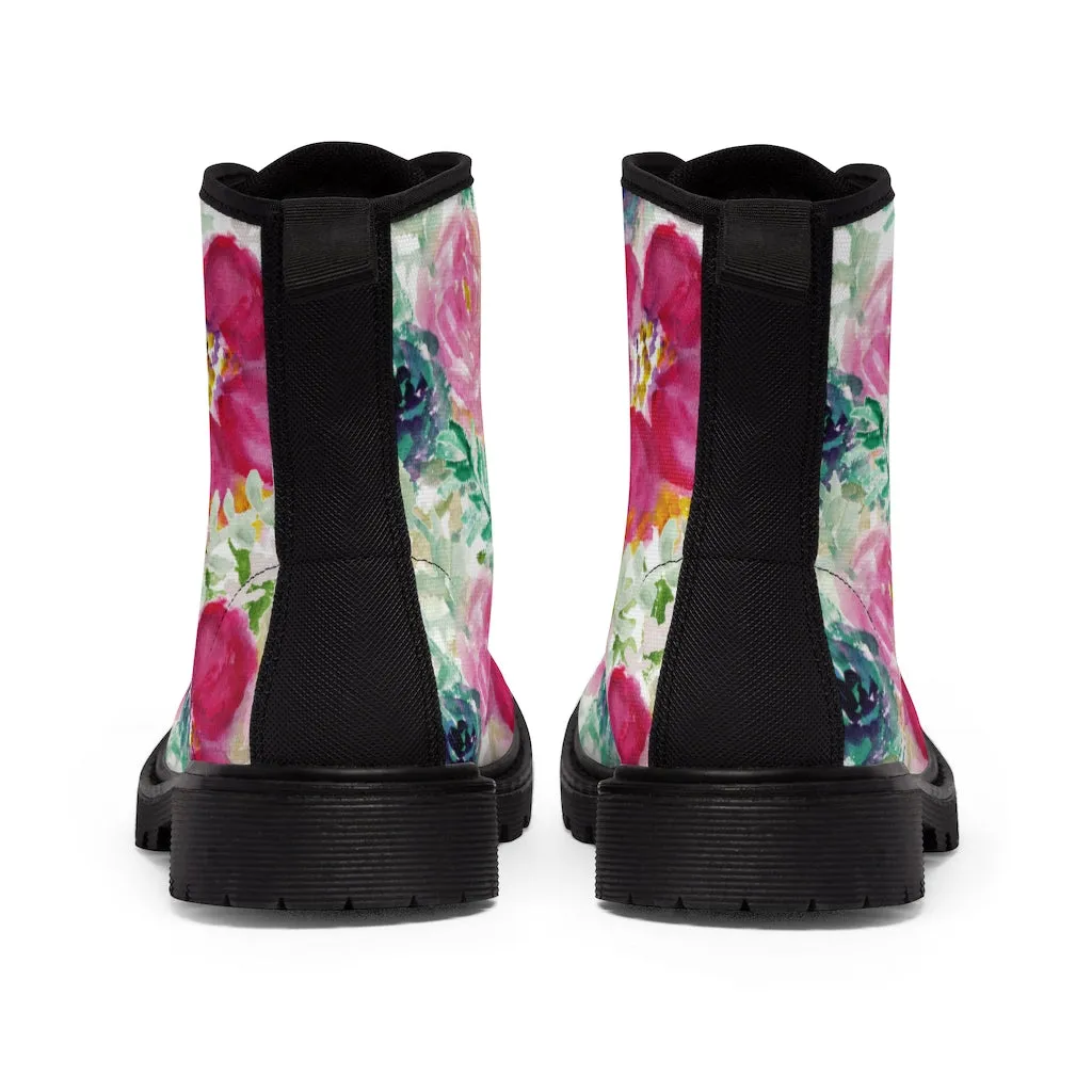 Mixed Floral Print Women's Boots, Rose Ladies' Hiking Combat Hiking Laced-up Boots Shoes