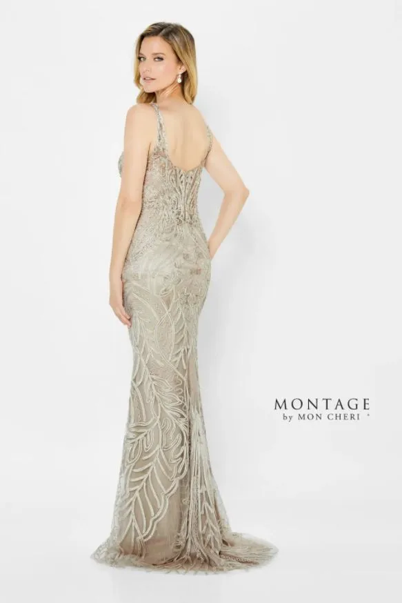 Montage 122904 V Neck Fit and Flare 2 Way Strap Soutache Gown