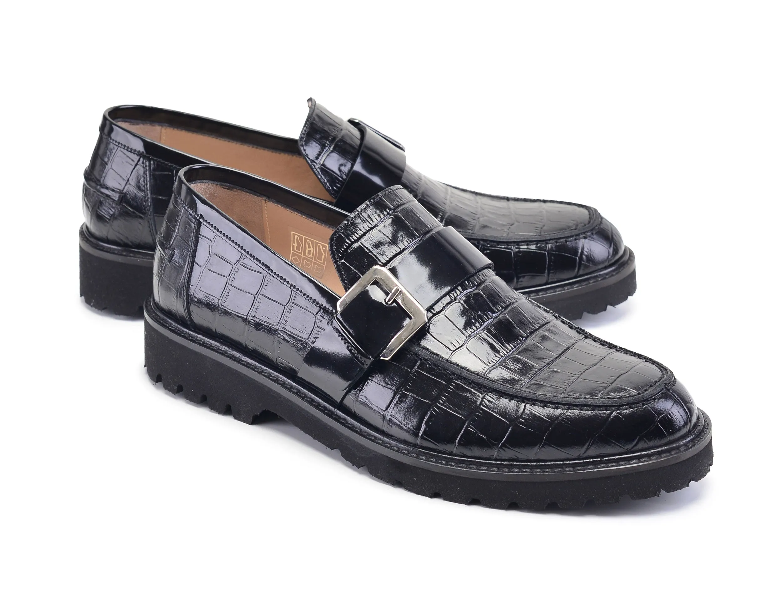 Pelle Crocodile Embossed Calfskin Slip-On Loafer Black