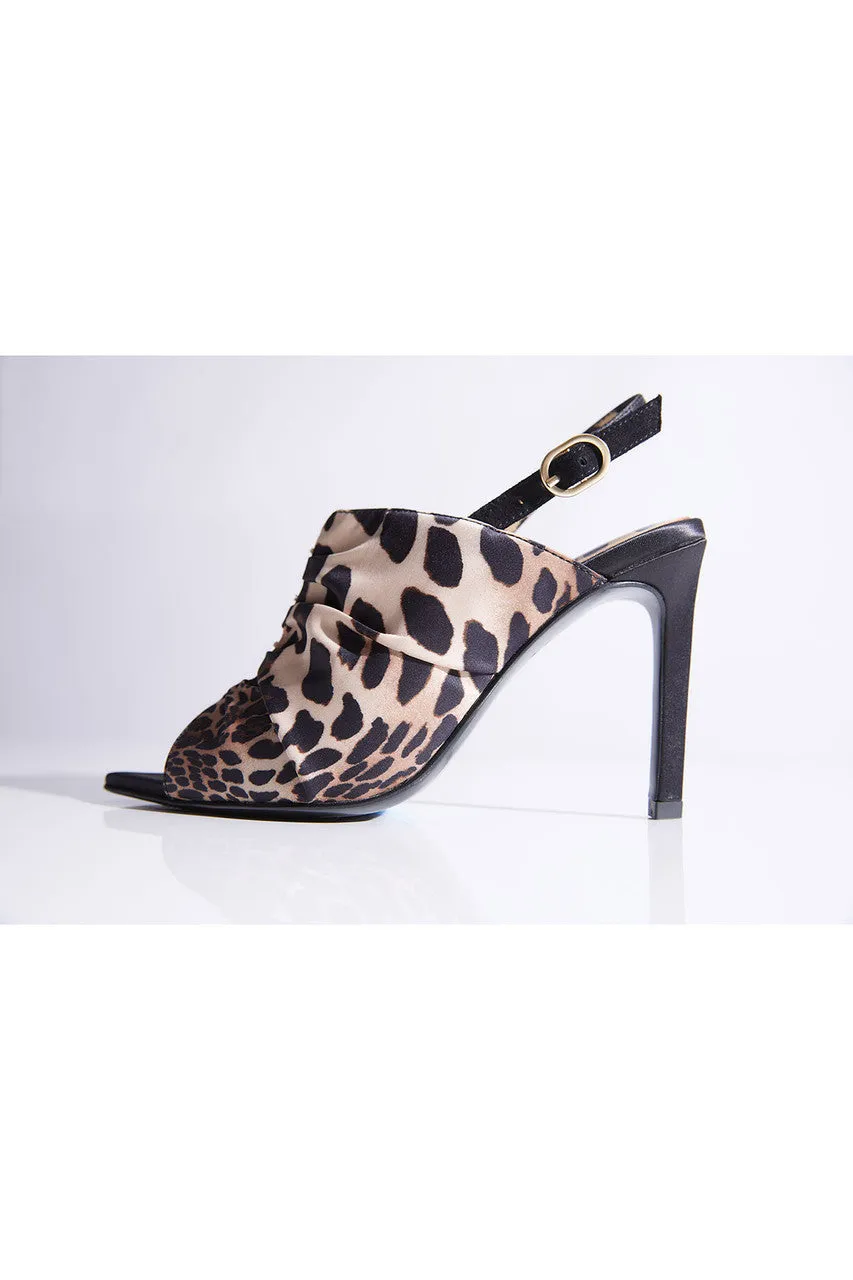 Reen Luxe Leopard Satin Open Toe Sling